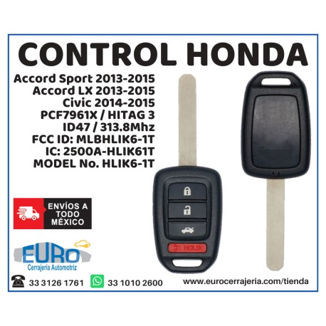 Honda Accord Sport LX Civic Llave Remoto 313.8 Mhz MLBHLIK6-1T